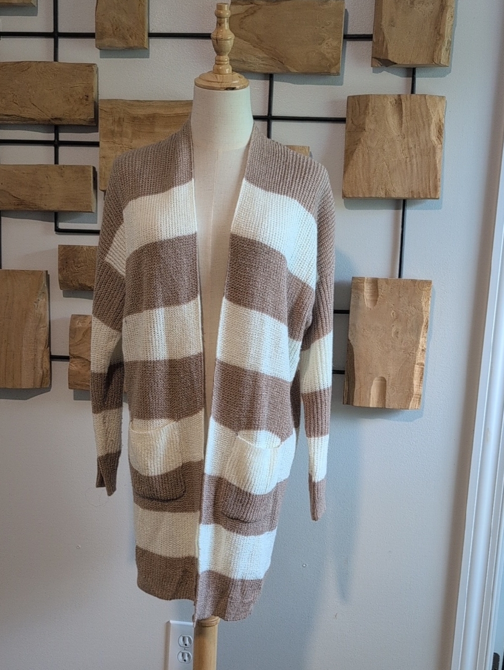 Dreamers Cream and Brown Striped Open Cardigan